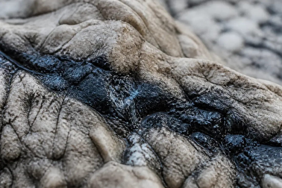 A dark mineral deposit in a natural rock crevice