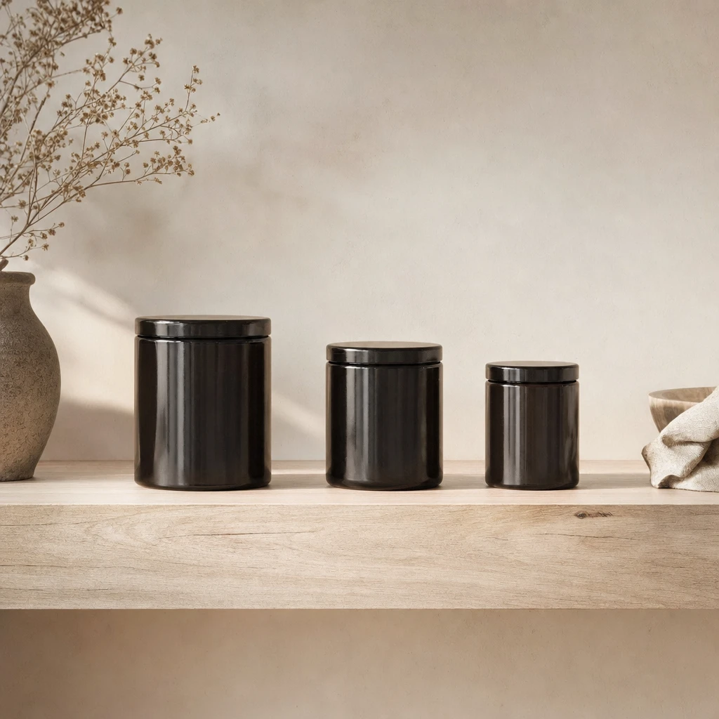 Three dark glass jars of shilajit in different sizes on a wooden shelf