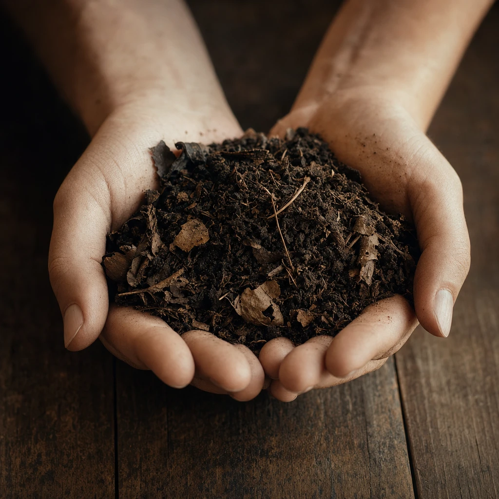 Dark rich soil and humus held in cupped hands