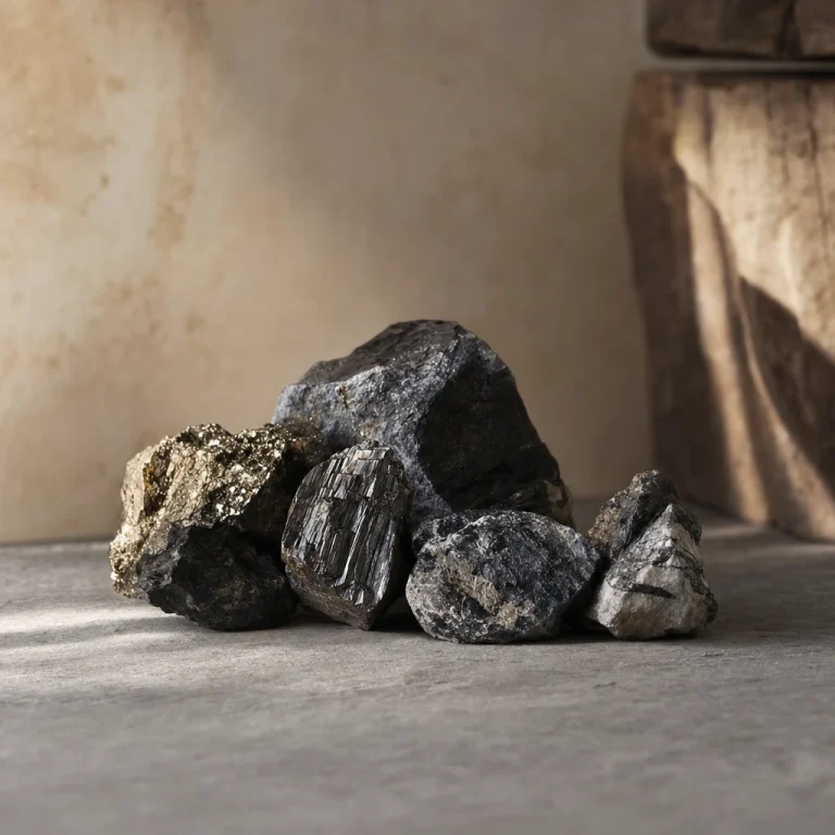 Rough dark mineral rock specimens on a stone surface