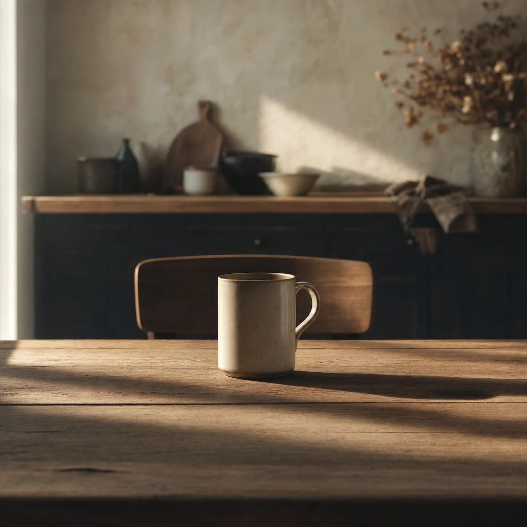 Morning light across an empty kitchen table with a single mug