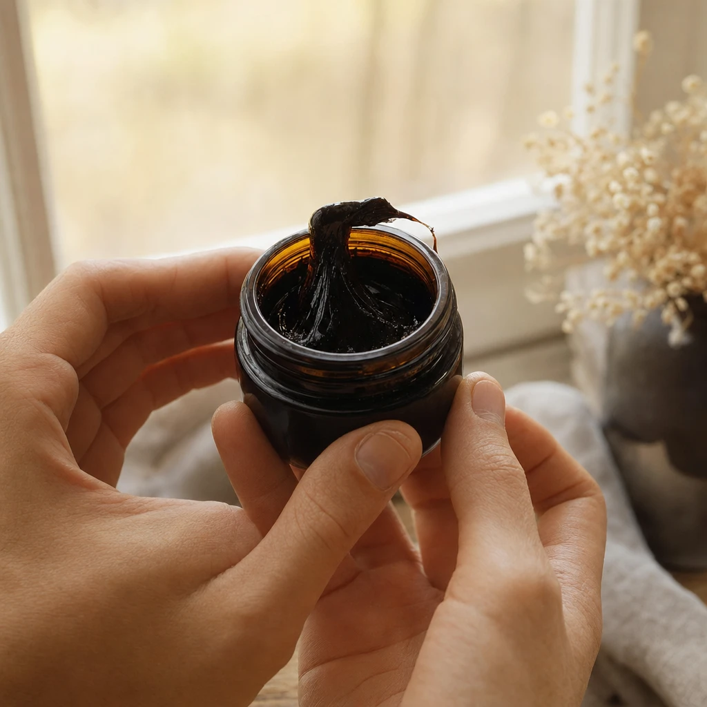Hands holding a jar of shilajit resin up to the window light to inspect it