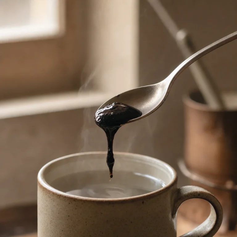 A teaspoon of shilajit resin held over a mug of warm water