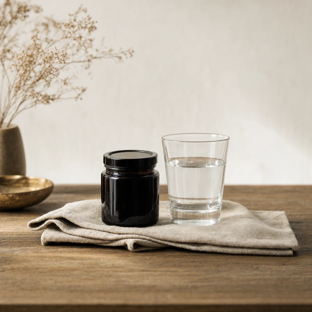 A dark jar of shilajit and a glass of water on natural linen