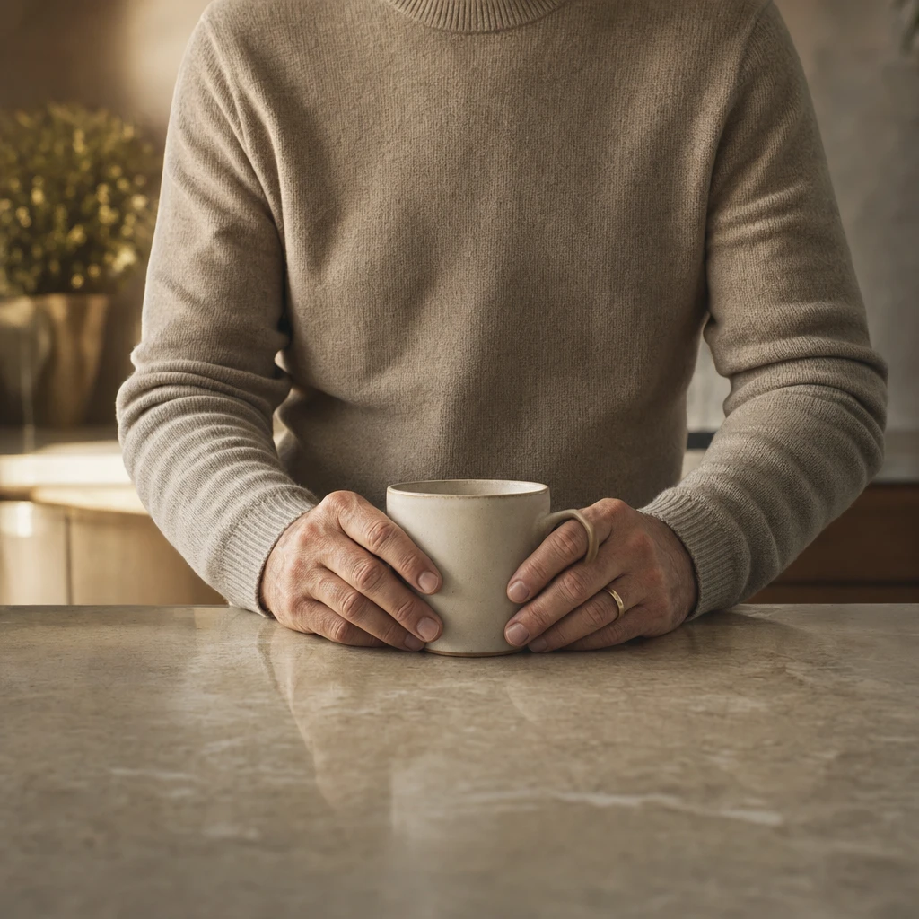 A man in his forties holding a mug at a kitchen counter in morning light