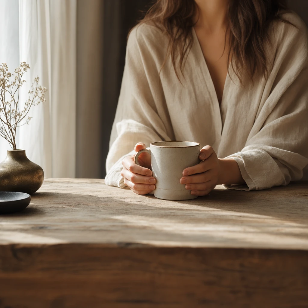 A woman holding a mug beside a sunlit window