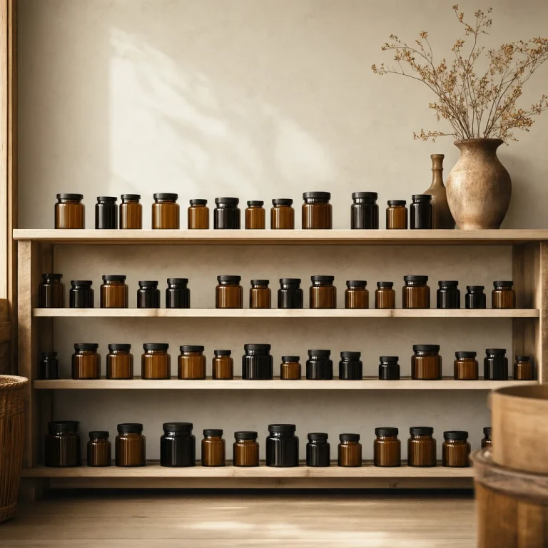 Rows of dark supplement jars on health shop shelving