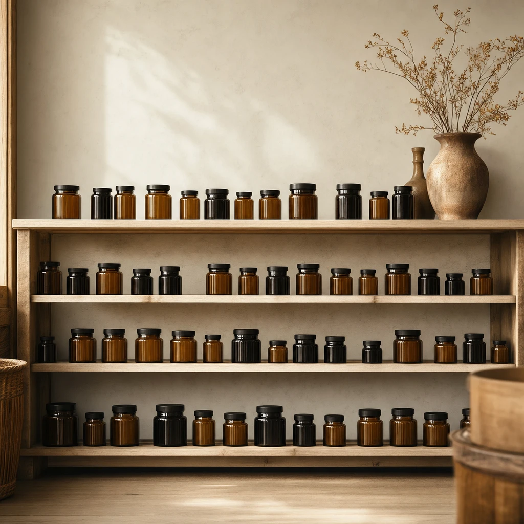 Rows of dark supplement jars on health shop shelving