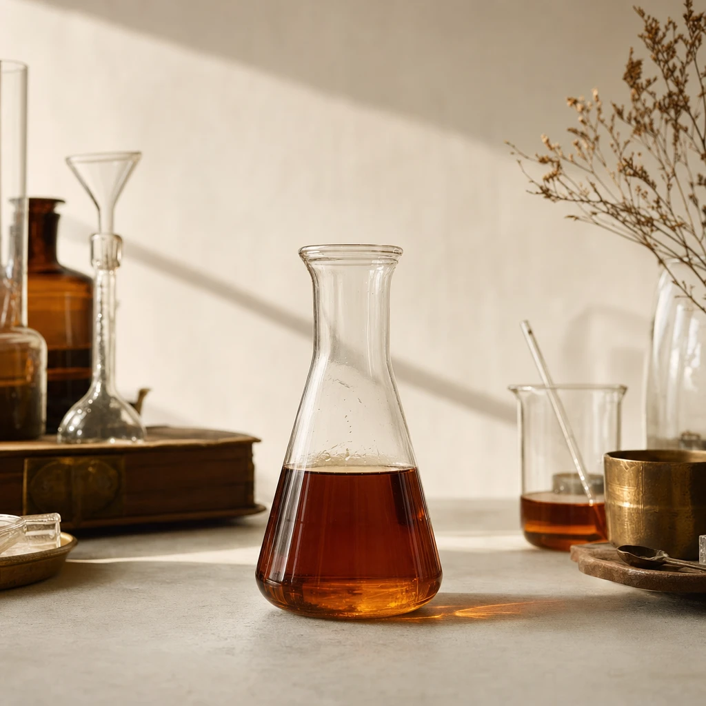 Laboratory glassware holding dark amber liquid, testing fulvic acid in shilajit