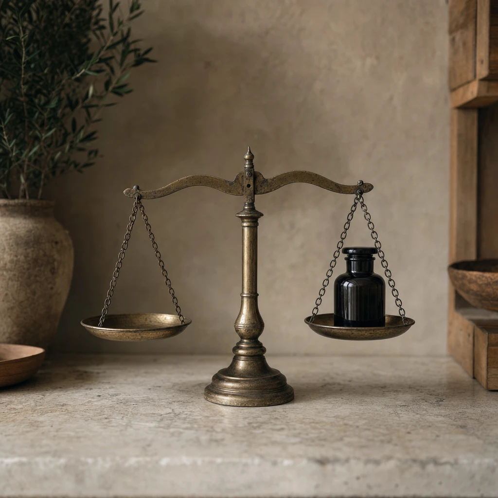A brass balance scale weighing a small dark jar of shilajit resin