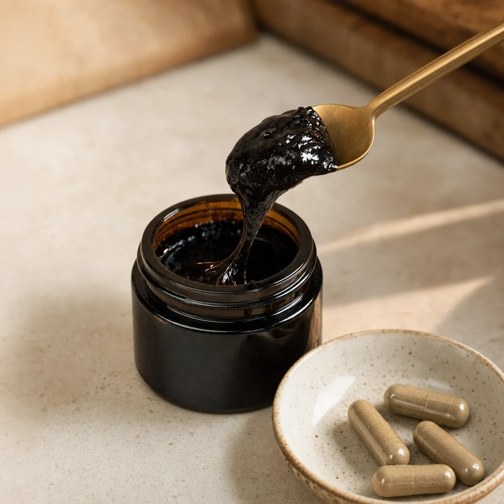 A jar of shilajit resin beside a dish of capsules on a stone counter
