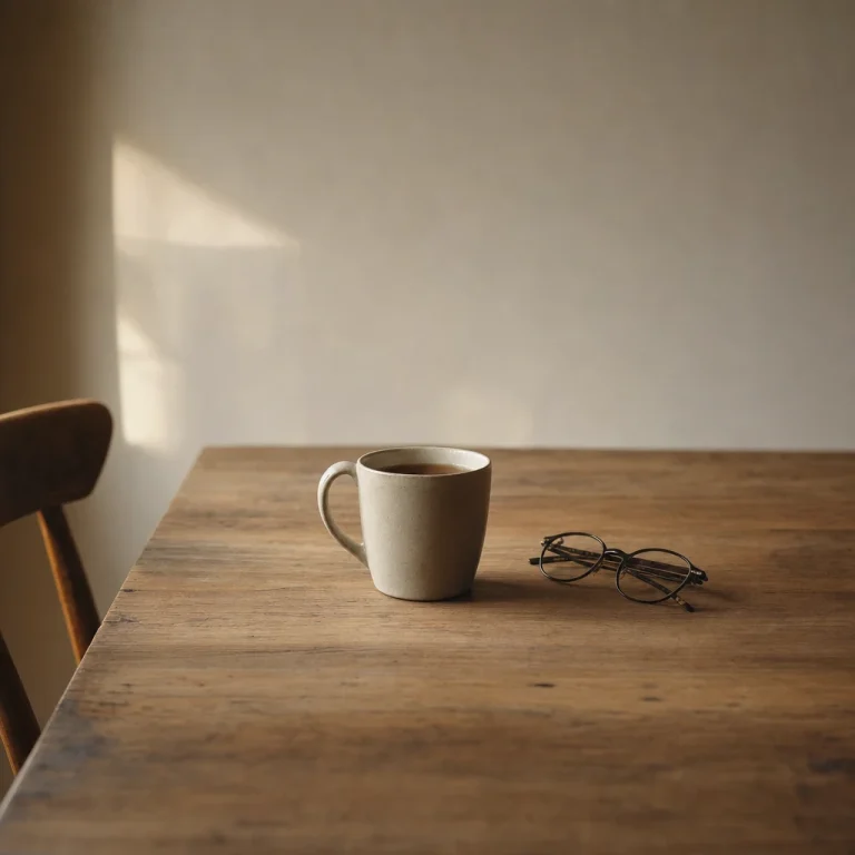 A mug of dark tea and reading glasses on a quiet table