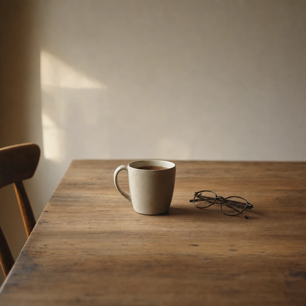 A mug of dark tea and reading glasses on a quiet table