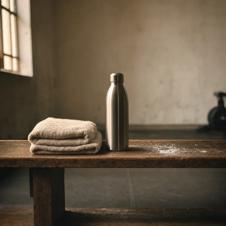 A towel, water bottle and chalk on a wooden gym bench