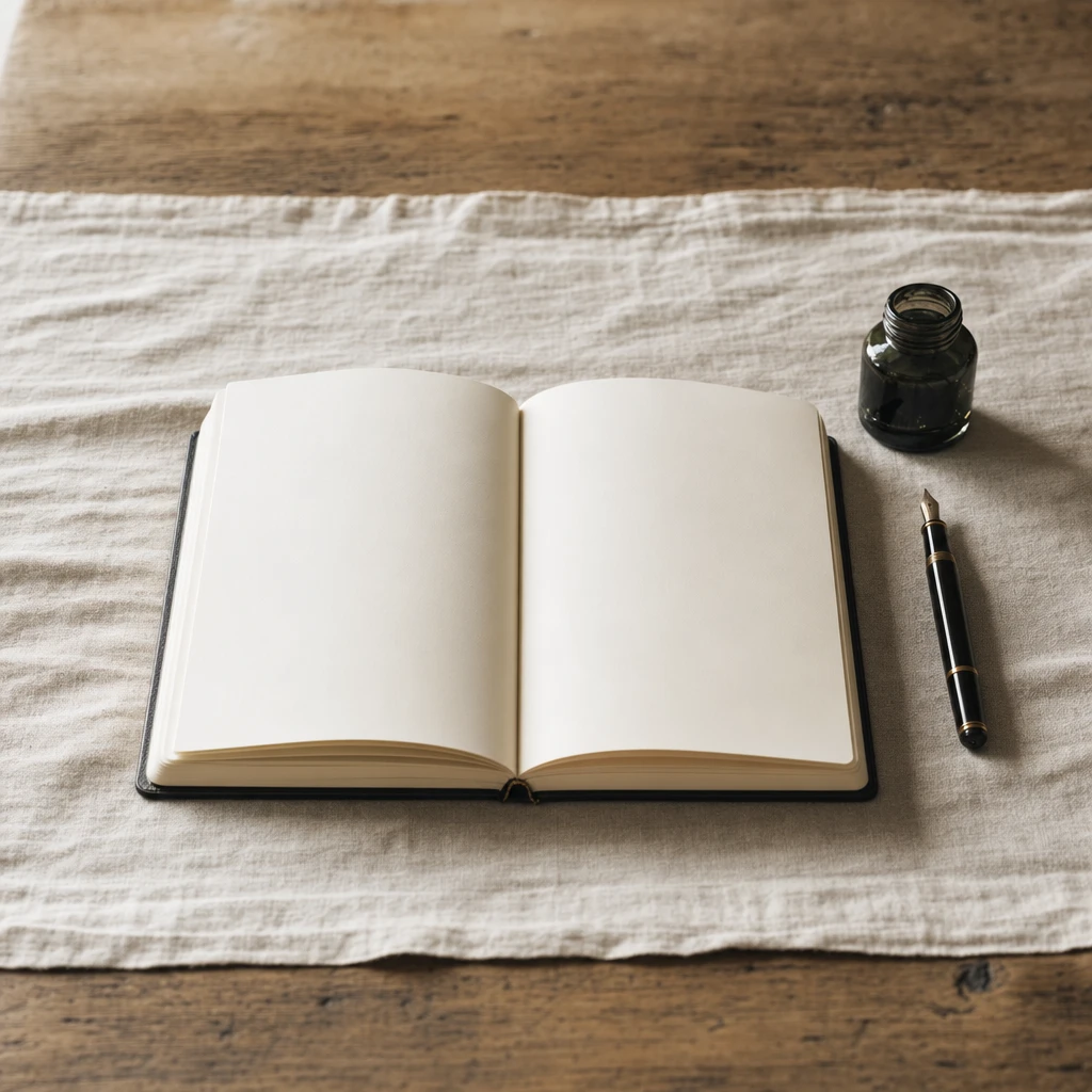 An open notebook and pen beside a dark jar of silajeet resin