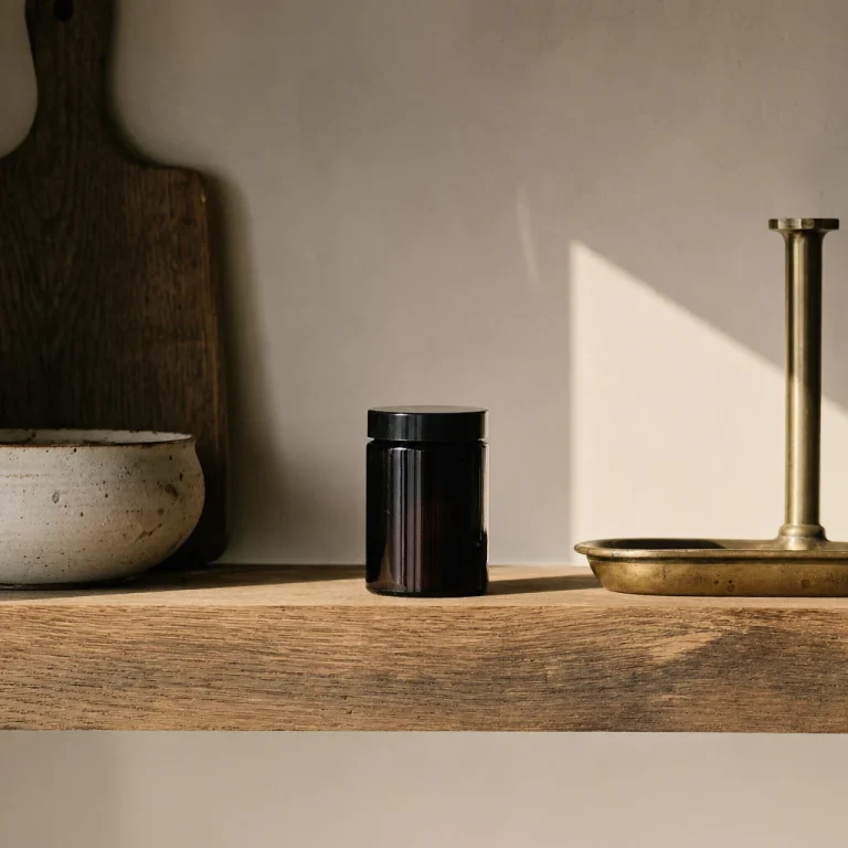 A dark jar of shilajit on a shelf in hard summer light