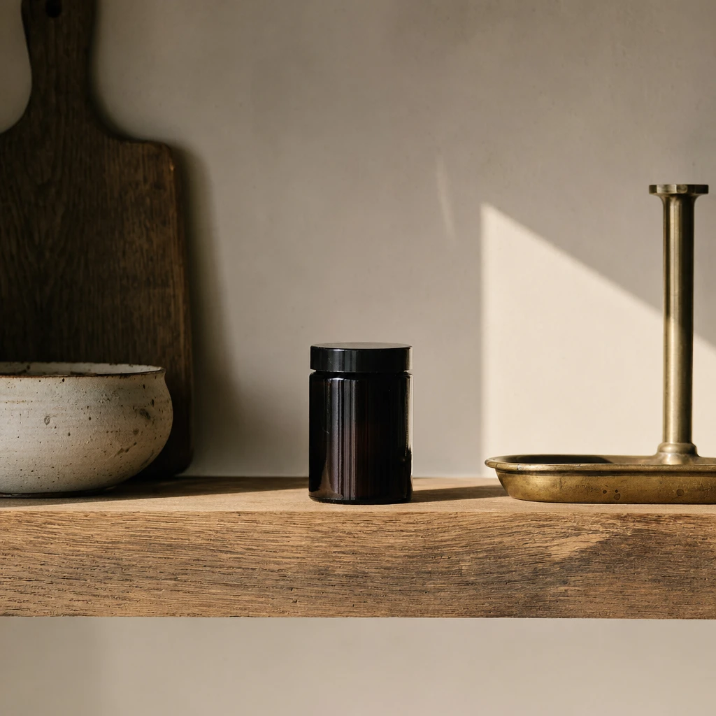 A dark jar of shilajit on a shelf in hard summer light