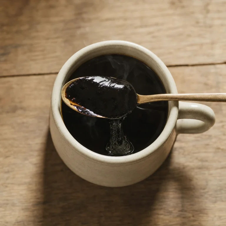 An overhead view of a mug of very dark shilajit dissolved in water