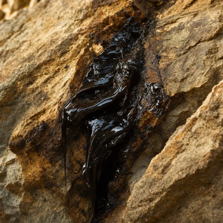 A dark resinous mineral seam running through a Himalayan rock face
