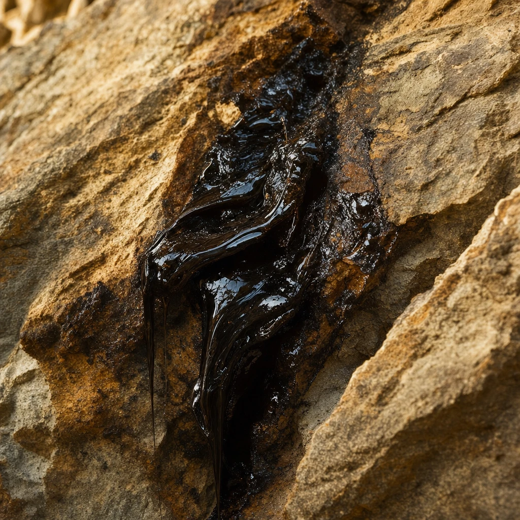 A dark resinous mineral seam running through a Himalayan rock face