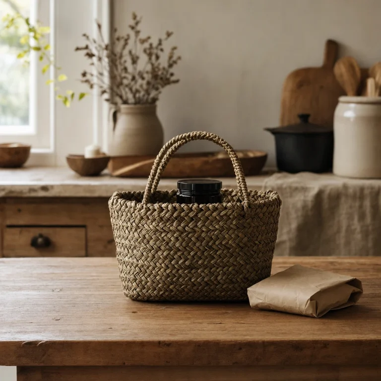 A dark glass jar of shilajit resin in a woven basket on a kitchen counter