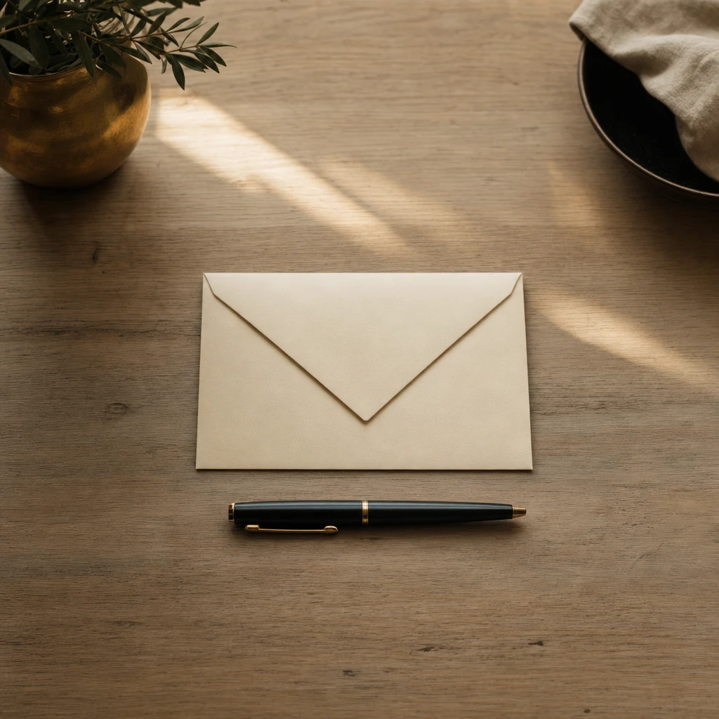 A sealed envelope and pen on a wooden desk in morning light